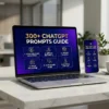 chatgpt-prompts-guide-digital-product-mockup 3D digital tablet showing rising profit charts and AI powered marketing growth icons