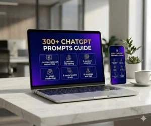 chatgpt-prompts-guide-digital-product-mockup 3D digital tablet showing rising profit charts and AI powered marketing growth icons