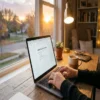 home-office-productivity-chatgpt-guide-lifestyle A person using the Digital Success Prompts guide on a laptop in a cozy home office at sunset.