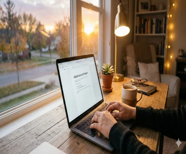 home-office-productivity-chatgpt-guide-lifestyle A person using the Digital Success Prompts guide on a laptop in a cozy home office at sunset.